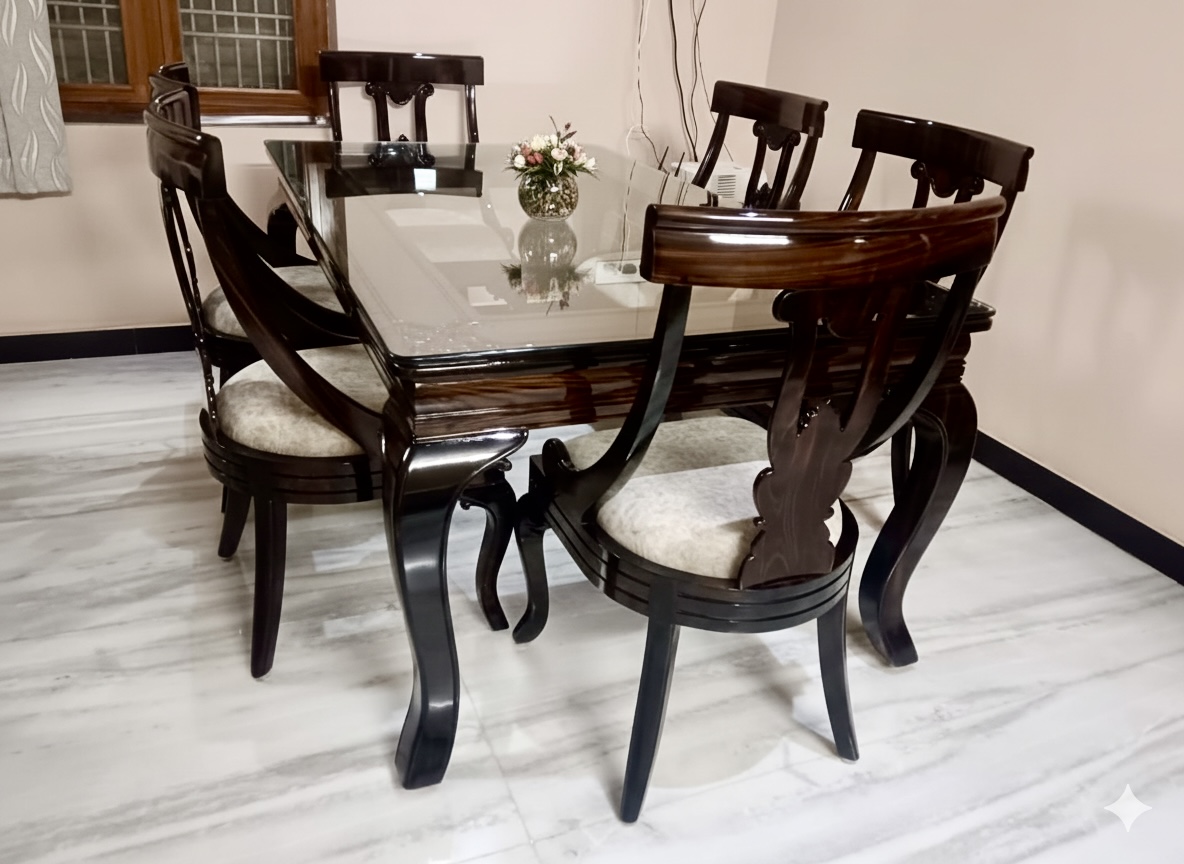 Glass Top Dining Table with Carved Chair